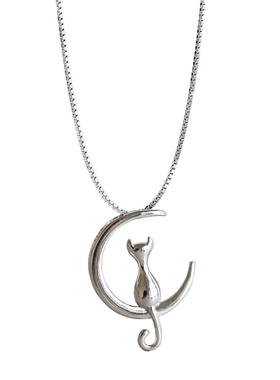 纯银月亮上的小猫女猫咪项链