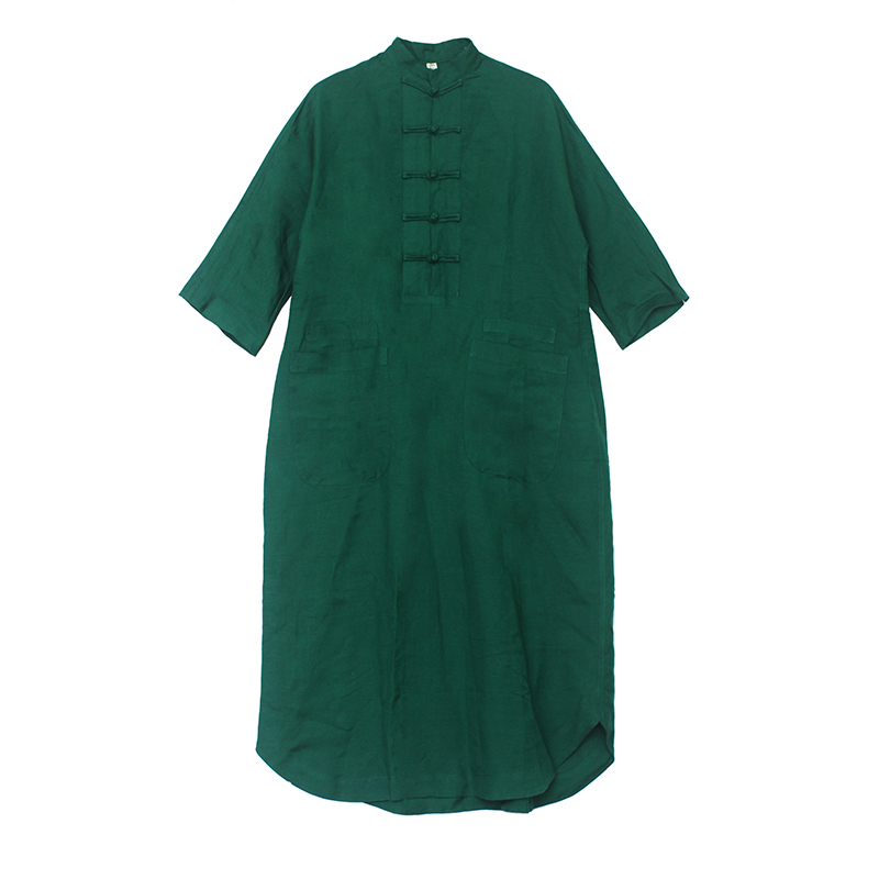 姜欢J&H原创设计 美院派艺术系纯麻中式盘扣连衣裙 绿