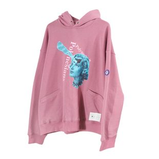 OBSERVER 原创做旧桃红色主题印花落肩宽松毛圈连帽宽松卫衣外套