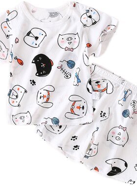 拼图猫婴儿短袖套装纯棉夏季半