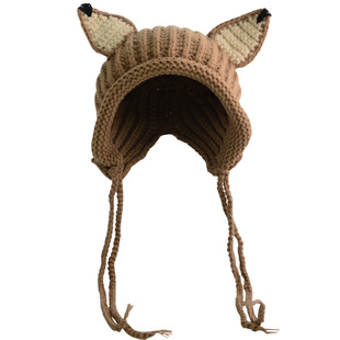 秋冬季宝宝帽子可爱超萌儿童保暖护耳系绳毛线帽男女童保暖手工帽