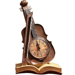 装饰钟摆件创意复古小提琴钟表客厅咖啡厅办公桌桌面座钟摆设品