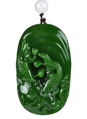 2019新品新疆金丝玉菠菜绿鱼把件手挂件连年有余手玩件配挂绳