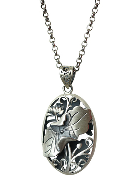 原创手工S925纯银复古镂空荷叶吊坠做旧春秋毛衣项链男女百搭饰品