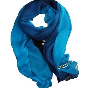 蓝色渐变色100%桑蚕丝长款真丝丝巾围巾女披肩春秋冬夏季百搭纱巾