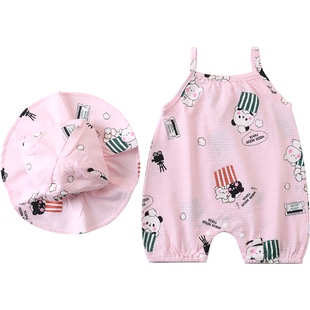 女宝宝背带裤夏薄款衣服儿童短裤纯棉夏装连体哈衣婴儿冰丝吊带裤