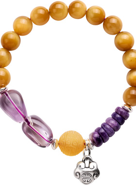 虎眼紫黄晶蜜蜡银饰手串原创设计