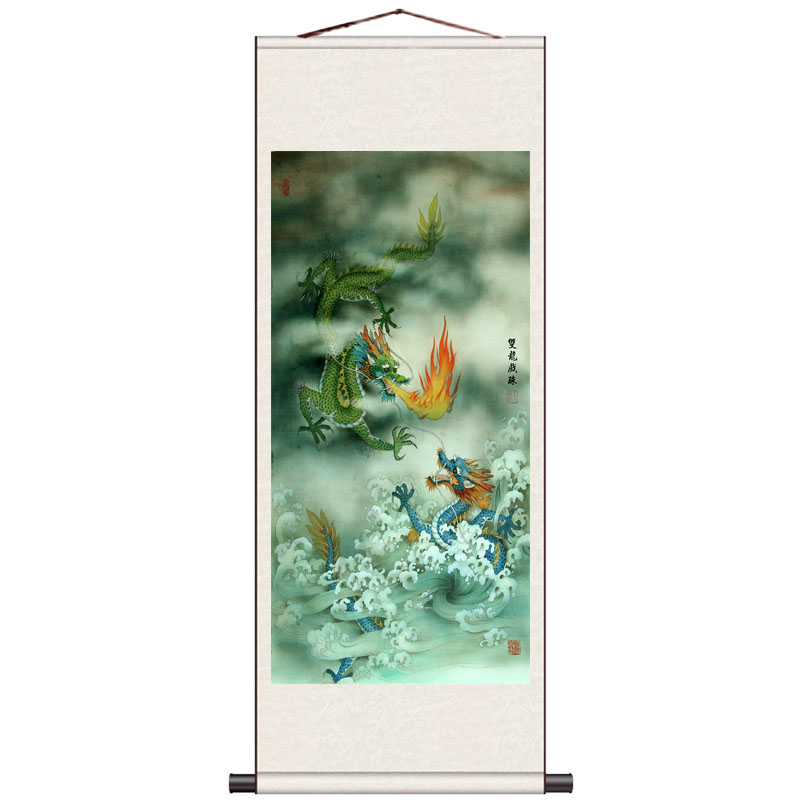 朝龙风水挂画酒店玄关壁画双龙戏珠丝绸挂画卷轴字画书房装饰龙画