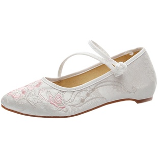 新款淡雅老北京布鞋女绣花鞋民族风古风汉服搭配鞋中跟增高旗袍鞋