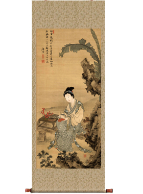 明 唐寅 红叶题诗仕女图 仿古画名画真迹复制品挂轴古代卷轴玄关