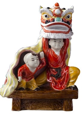 石湾陶瓷岭南名俗舞狮彩青摆件