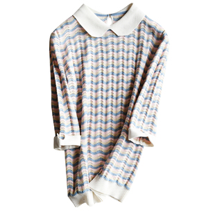 氧气小清新 挑空花针波浪纹提花 彼得潘领七分袖套头针织衫女 春