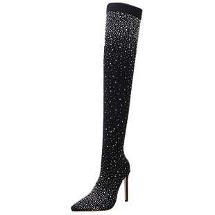 7cm水钻靴子女鞋сапоги women over knee high heels boots
