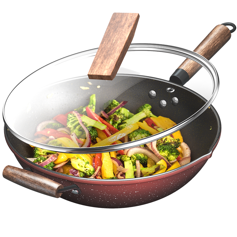 麦饭石炒锅不粘锅铁锅多功能炒菜锅电磁炉平底锅家用燃气灶适用锅