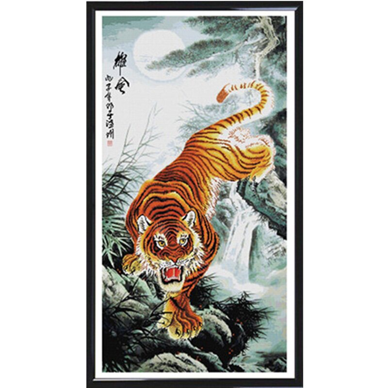老虎十字绣下山虎新款线绣满绣