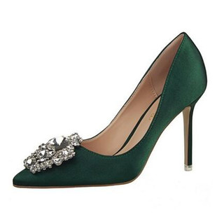 BIGTREE春夏时尚绿色女鞋绸缎水钻高跟鞋细跟浅口尖头红色结婚鞋