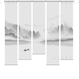 半透明透景纱双面电动窗卷帘定制软隔断遮光中式山水墨悬挂式禅意