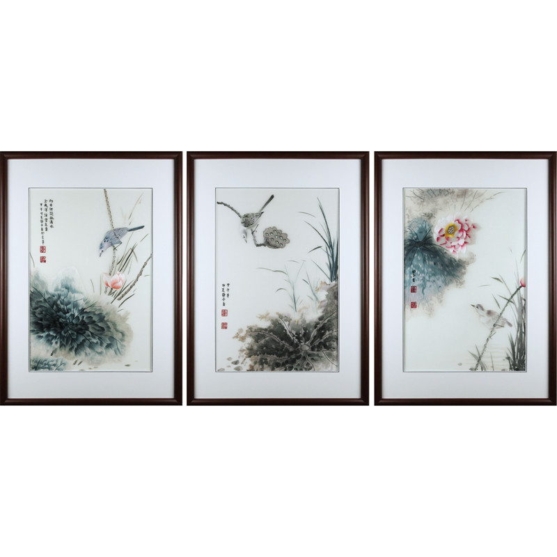 苏绣刺绣成品挂画客厅餐厅100%纯手工精品现代中式荷花小鸟三联画