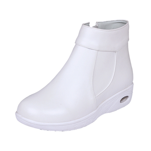 护士鞋棉鞋白色坡跟真皮气垫圆头短靴新款女加绒舒适冬季护士棉鞋