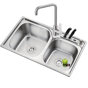 厨房水槽双槽304不锈钢拉丝洗菜盆厨盆洗碗池套餐带刀架水池加厚