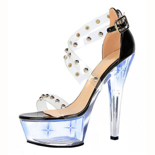 15cm超高跟鞋细跟发光鞋闪光灯钢管舞鞋床上激情性感大码女式凉鞋