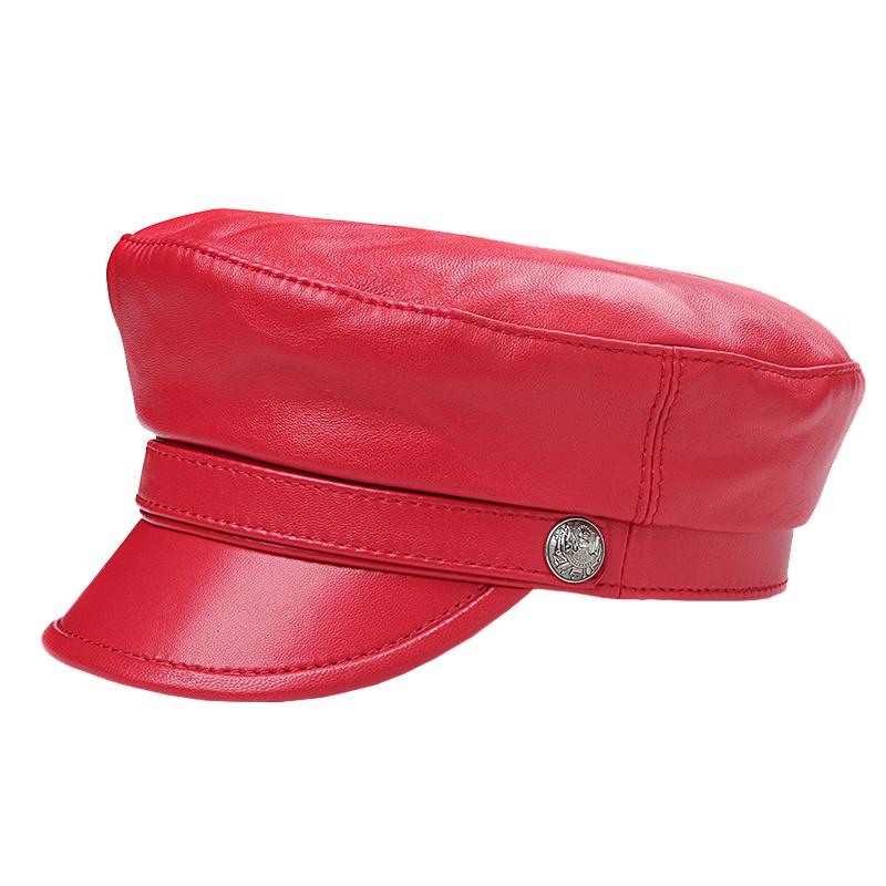 奢迦正品欧美版大红色皮帽子羊皮报童平顶鸭舌帽真皮洋气女贝雷帽