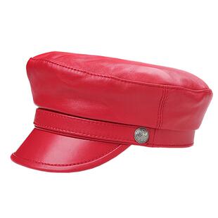 奢迦正品欧美版大红色皮帽子羊皮报童平顶鸭舌帽真皮洋气女贝雷帽