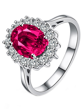 椭圆形玫红碧玺戒指纯银镀18K