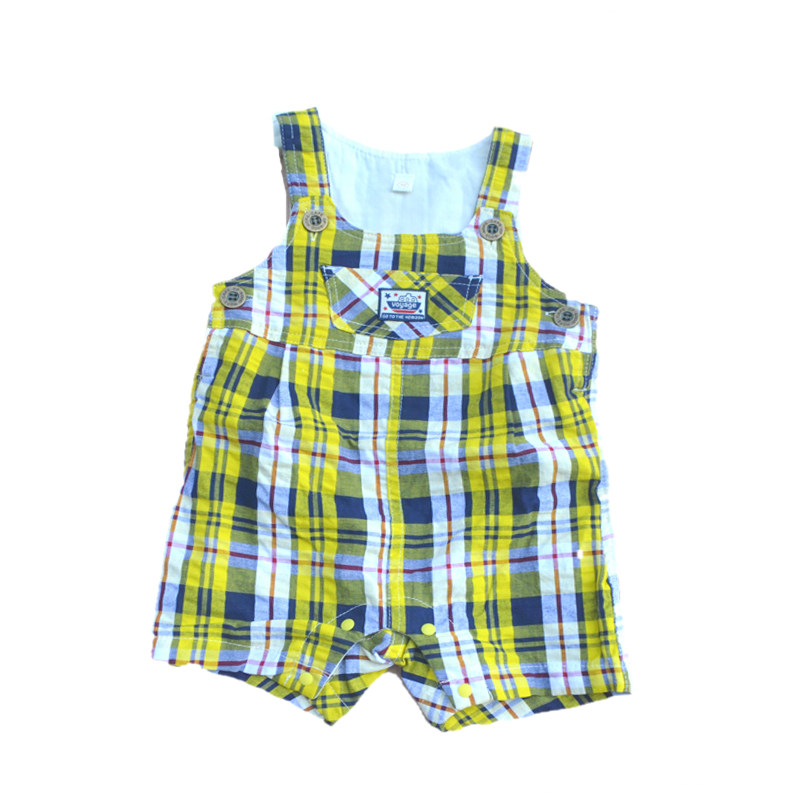童装纯棉纱布格子连体爬服中裤