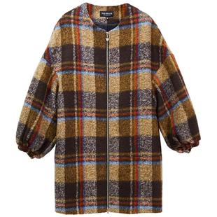 悦空间宽松毛呢大衣格子外套女拉链门襟圆领灯笼袖口中长款秋冬装