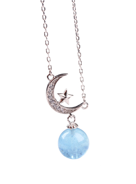 SHAHD晶字塔925银海蓝宝锁骨链项链女纯银天然灰月光石吊坠饰品