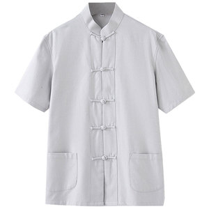纯棉老粗布中国风中老年半袖盘扣唐装男短袖夏茶服居士服汉服衬衣