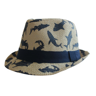 2025鲨鱼儿童小礼帽男宝宝爵士帽男童遮阳帽防嗮帽子沙滩度假草帽