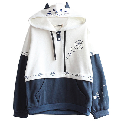 软妹猫咪拼色脚印加绒加厚学生装