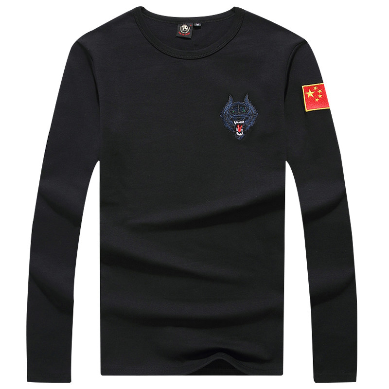 春秋刺绣中国旗男狼头衣服纯棉圆领军旅风长袖t恤修身弹力打底衫
