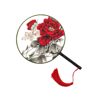 古典双面团扇女式汉服扇子红色牡丹宫廷广场舞蹈扇复古风长柄圆扇