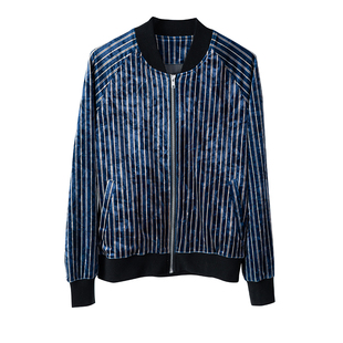 帅气简约立领竖条纹撞色显瘦百搭飞行夹克丝绒短款外套棒球服女春