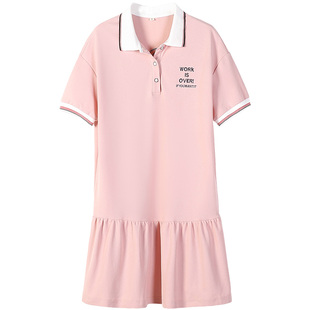 少女polo领连衣裙长款宽松大码初高中学生棉麻裙子夏装韩版小清新