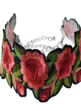 网红项链女短款颈带脖颈饰品刺绣颈圈不规则花朵颈链绣花束颈链
