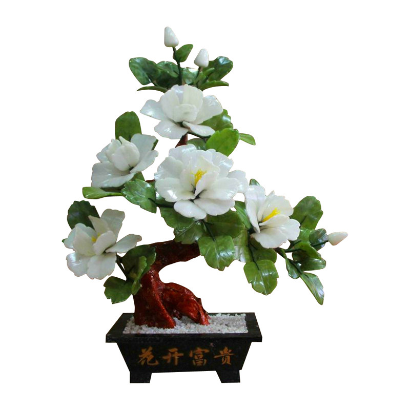 天然原色5朵纯白牡丹花盆栽玉器