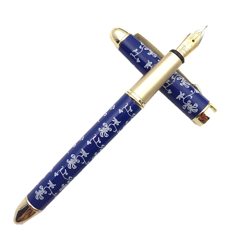 库存老钢笔220钢笔青花瓷蜡染纯铜笔杆铱金笔中细练字笔