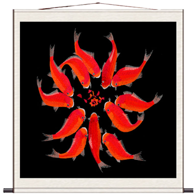 客厅家居壁画国画斗方荷花鲤鱼百福图风水好运挂画卧室玄关装饰画