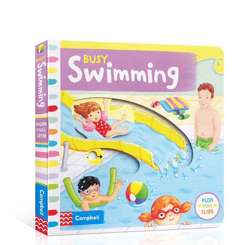 英文原版繁忙忙碌系列Busy Swimming游泳带小机关Fire Station/zoo公园Park机场Airport宝宝启蒙认知手指机关推拉书绘本好习惯养成