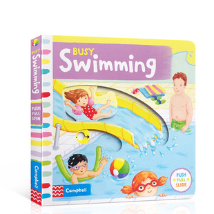 英文原版繁忙忙碌系列Busy Swimming游泳带小机关Fire Station/zoo公园Park机场Airport宝宝启蒙认知手指机关推拉书绘本好习惯养成