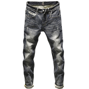 原创时尚男士牛仔裤男直筒修身磨破刮痕刺绣深色牛子裤男美式潮流