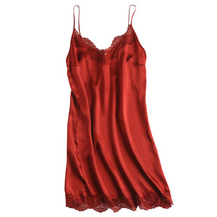 真丝吊带睡裙性感蕾丝女100%桑蚕丝高级感红色婚庆本命年舒适睡衣