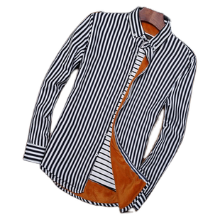 男士秋冬新款加绒加厚长袖青年长袖条纹衬衫薄款修身休闲男衬衣潮