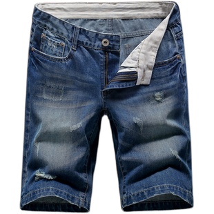 BENDOG夏季牛仔短裤男士破洞中裤韩版潮流宽松直筒休闲五分裤马裤