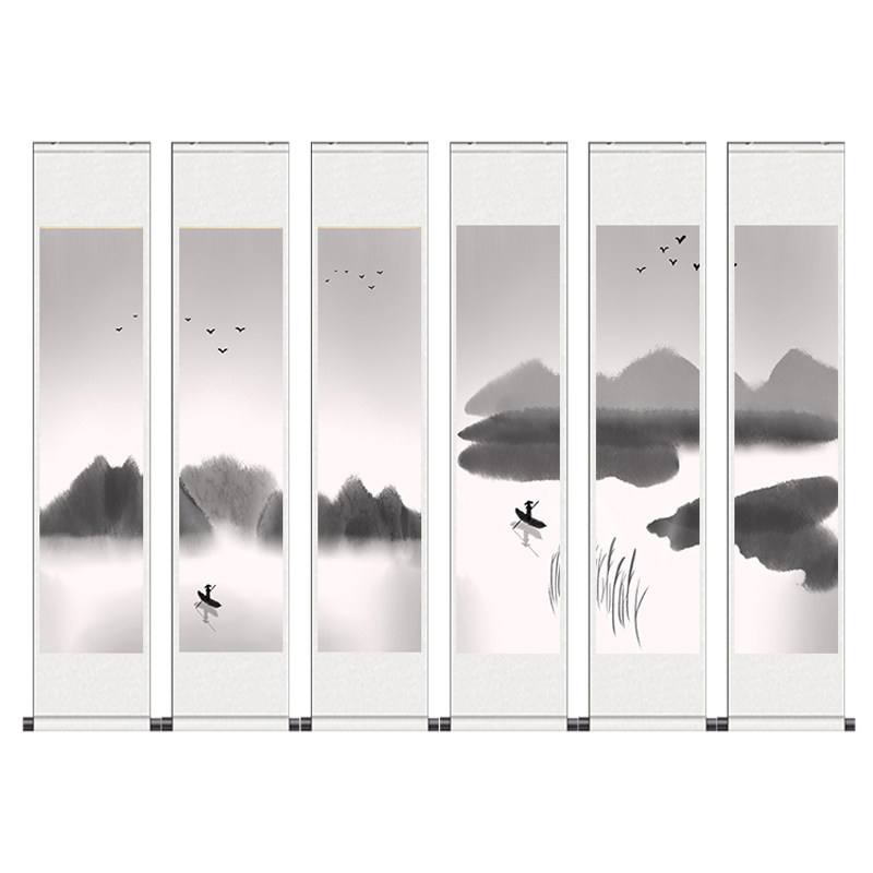 六联风景挂画水墨山水画丝绸画壁画定制公司礼品卷轴画迢迢跑字画