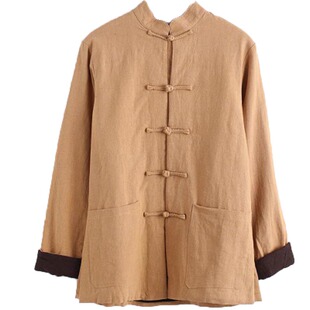 秋冬加绒对襟唐装外套女民族风中式立领盘扣短款纯色禅意加厚上衣